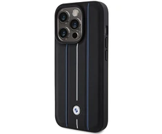 Dėklas BMW Leather Stamp Mėlyna Line Case for iPhone 15 Pro Max - Juodas
