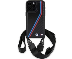 Apple iPhone 15 Pro Max BMW dėklas M Edition Carbon Tricolor Lines &amp; Strap (BMHCP15X23PSVTK) juodos spalvos