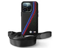 BMW BMHCP16L23PSVTK Apple iPhone 16 Pro 6.3" dėklas telefonui juodos spalvos M Edition Carbon Tricolor Lines &amp; Strap