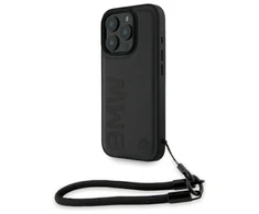BMW Leather Signature and Strap Apple iPhone 16 Pro dėklas telefonui juodos spalvos