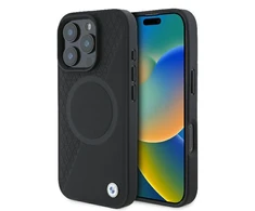 BMW Signature Leather Half Textured &amp; Circle MagSafe Apple iPhone 16 Pro - dėklas telefonui juodos spalvos