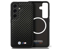Dėklas BMW Leather Carbon MagSafe Samsung Galaxy S25 juodos spalvos
