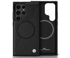 Dėklas BMW Leather Half Textured MagSafe Samsung Galaxy S25 Ultra juodos spalvos