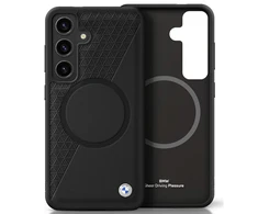 Dėklas BMW Leather Half Textured MagSafe Samsung Galaxy S25 juodos spalvos