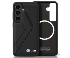 Dėklas BMW Leather Oversized Stripes MagSafe Samsung Galaxy S25 juodos spalvos