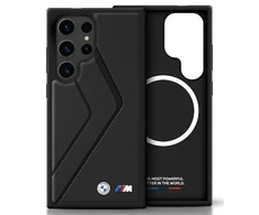 Dėklas BMW Leather Oversized Stripes MagSafe Samsung Galaxy S25 Ultra juodos spalvos