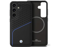Dėklas BMW Leather Textured and Smooth MagSafe Samsung Galaxy S25 juodos spalvos