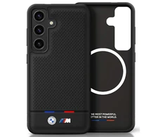 Dėklas BMW Leather Tricolor Stripe MagSafe skirtas Samsung Galaxy S25 Plus juodos spalvos
