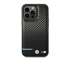 BMW Leather Carbon telefono dėklas iPhone 14 Pro Max, juodas