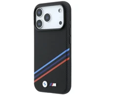 BMW M Quadrille dėklas su Kevlar raštu, tricolor linijomis ir metaliniu logotipu, MagSafe, skirtas iPhone 18 Pro / 17 Pro