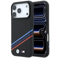 BMW M Quadrille dėklas su Kevlar raštu, tricolor linijomis ir metaliniu logotipu, MagSafe, skirtas iPhone 18 Pro / 17 Pro
