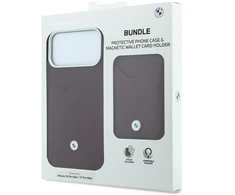 BMW dygsniuoto rašto metalinio logotipo dėklas + piniginės rinkinys, skirtas iPhone 18 Pro Max / 17 Pro Max, bordo spalvos