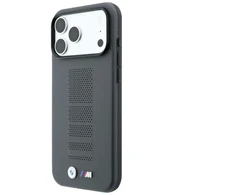 Dėklas BMW M Mėlyna Perfo Metal Logo MagSafe do iPhone 18 Pro / 17 Pro pilka