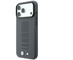 Dėklas BMW M Mėlyna Perfo Metal Logo MagSafe, skirtas iPhone 18 Pro Max / 17 Pro Max, pilkas