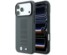 Dėklas BMW M Mėlyna Perfo Metal Logo MagSafe do iPhone 18 Pro / 17 Pro pilka