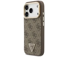Dėklas Guess 4G PU Triangle Logo &amp; Stand Camera Magsafe do iPhone 18 Pro / 17 Pro ruda