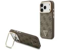 Dėklas Guess 4G PU Triangle Logo &amp; Stand Camera Magsafe do iPhone 18 Pro / 17 Pro ruda