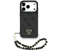 GUESS dėklas, skirtas IPHONE 17 Pro, suderinamas su MagSafe GUHMP17LP4TSDPPSK (4G PU su dirželiu, trikampio logotipu), juodas