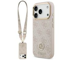 Original dėklas GUESS 4G Strass Logo & Big Strap Metal Mygtukai MagSafe skirtas Apple iPhone 17 Pro pink