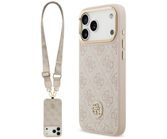 Original dėklas GUESS 4G Strass Logo & Big Strap Metal Mygtukai MagSafe skirtas Apple iPhone 17 Pro Max pink