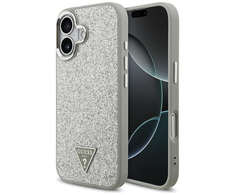 Dėklas Guess Glitter Triangle Logo MagSafe skirtas Apple iPhone 17 sidabro spalvos