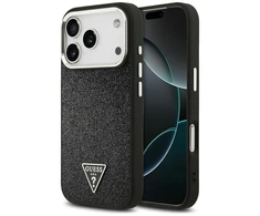 Dėklas Guess Glitter Triangle Logo MagSafe skirtas Apple iPhone 17 Pro juodos spalvos