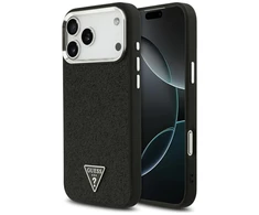 Dėklas Guess Glitter Triangle Logo MagSafe skirtas Apple iPhone 17 Pro Max juodos spalvos