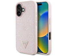 Originalus Dėklas GUESS Grained Hot Stamp Peony Triangle Logo MagSafe skirtas Apple iPhone 16 rožinės spalvos