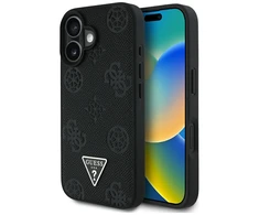 Originalus Dėklas GUESS Grained Hot Stamp Peony Triangle Logo MagSafe skirtas Apple iPhone 16 juodos spalvos