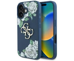 Originalus Dėklas GUESS Grained Roses Big 4G logo skirtas Apple iPhone 16 mėlynos spalvos