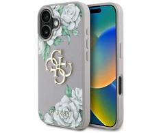 Dėklas Guess Grained Roses Big 4G logo skirtas Apple iPhone 16 violetinės spalvos