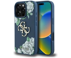 Originalus Dėklas GUESS Grained Roses Big 4G logo skirtas Apple iPhone 16 Pro Max mėlynos spalvos