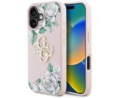 Originalus Dėklas GUESS Grained Roses Big 4G logo skirtas Apple iPhone 16 rožinės spalvos