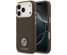 GUESS dėklas, skirtas IPHONE 17 Pro, suderinamas su „MagSafe“ GUHMP17LPGCRMDEW (PU su grūdėtu juodu logotipu), rudas