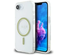 Guess IML Glitter Circle MagSafe iPhone 16e dėklas – skaidrus