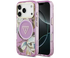 Dėklas Case Guess IML Glitter Flowers Triangle MagSafe for Apple iPhone 17 Pro Max violetinė