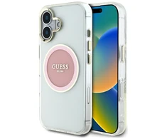 Originalus Dėklas GUESS IML Metal Colored Circle Classic Logo MagSafe skirtas Apple iPhone 16 rožinės spalvos