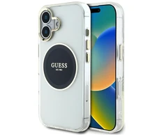 Originalus Dėklas GUESS IML Metal Colored Circle Classic Logo MagSafe skirtas Apple iPhone 16 juodos spalvos