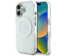 Originalus Dėklas GUESS IML Metal Colored Circle Classic Logo MagSafe skirtas Apple iPhone 16 baltos spalvos