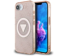 Guess IML Metal Glitter 4G Circle Triangle MagSafe dėklas iPhone 16e - rožinis