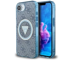 Guess IML Metal Glitter 4G Circle Triangle MagSafe dėklas, skirtas iPhone 16e - Mėlyna