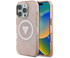Guess IML Metal Glitter 4G Circle Triangle MagSafe dėklas, skirtas iPhone 16 Pro Max - Rožinė