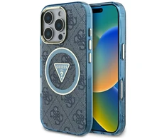 Guess IML Metal Glitter 4G Circle Triangle MagSafe dėklas, skirtas iPhone 16 Pro Max - Mėlyna