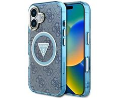 Guess IML Metal Glitter 4G Circle Triangle MagSafe dėklas, skirtas iPhone 16 - Mėlyna