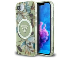 Guess IML Metal Glitter Flowers Triangle MagSafe iPhone 16e Dėklas - Žalias