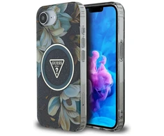 Guess IML Metal Glitter Flowers Triangle MagSafe dėklas iPhone 16e - juodas
