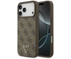 Original dėklas GUESS Leather 4G Triangle Strass MagSafe skirtas Apple iPhone 17 Pro Max rudos spalvos
