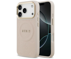 GUESS dėklas, skirtas IPHONE 17 Pro, suderinamas su MagSafe GUHMP17LPSAMSECP (PU su bijūnų karštu antspaudu), rožinis
