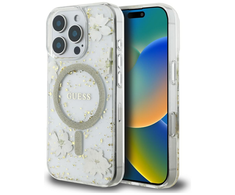 Dėklas Guess Resin Flowers Glitter MagSafe iPhone 16 Pro Case - rusvai gelsvas