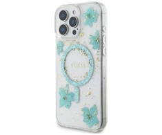 Guess Resin Flowers Glitter MagSafe iPhone 16 Pro Dėklas - Skaidrus Žalias